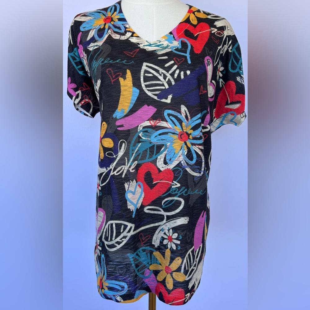 Jess & Jane Women’s Sanibel Cap Sleeve V-Neck Top Pop Art Style‎ Size Large